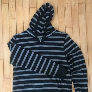 Men’s striped, hooded, long sleeve t-shirt. Large